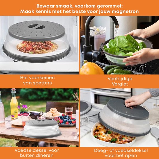 Couvercle de micro-ondes gris pliable avec trous de ventilation sur une assiette de nourriture, utilisé comme passoire, pour dîner en plein air et sur un plat à gratin.