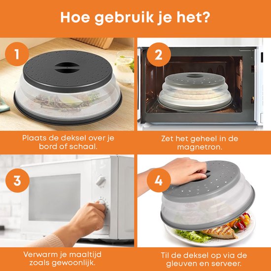 Images étape par étape montrant comment utiliser le couvercle de micro-ondes gris pliable : sur une assiette, dans un micro-ondes, réglage du micro-ondes et service.
