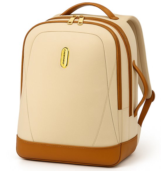 Lichtbeige rugzak van Cabin Max met bruine accenten en gouden ritsen. Op de voorkant een goudkleurig logo met de tekst "CABIN MAX".
