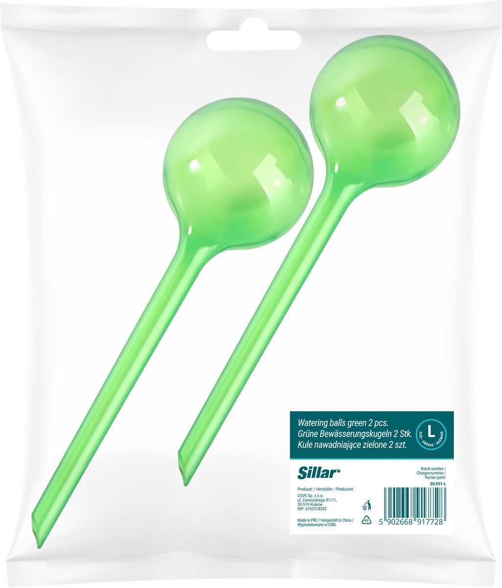 Sillar, waterdruppelaar voor planten, set 2 stuck, druppelsysteem, waterbol voor kamerplanten, 250ml, 24cm, L, groen