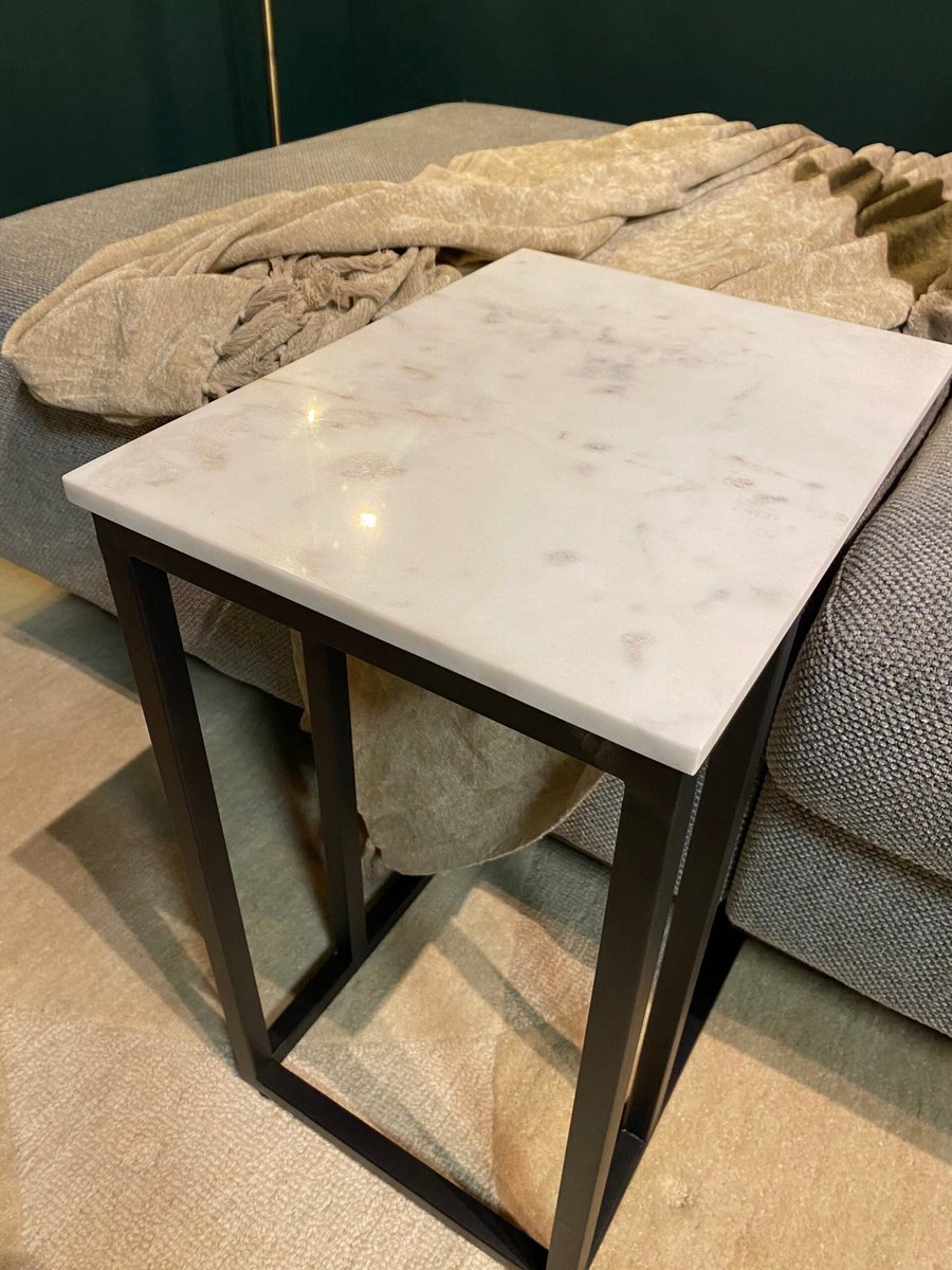 Luxe Laptoptafel Wit Marmer (40x30x54cm) - Bijzettafel Bank Wit - Bijzettafeltjes Woonkamer Klein - Banktafel Wit - Bedtafeltje voor op Bed - Laptoptafel - Salontafel Industrieel - Sidetable Industrieel Wit- Koffietafel