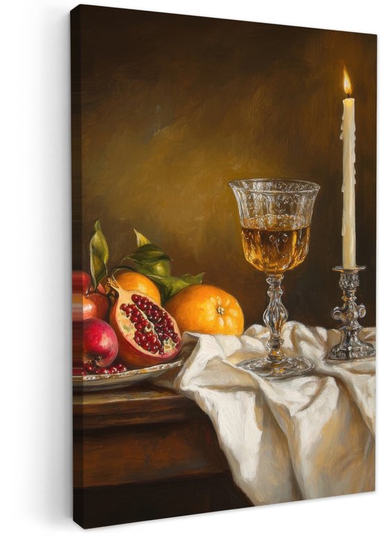 Canvas schilderij 40x60 cm - Exclusieve wanddecoratie Fruit - Stilleven - Wijn - Kaars - Muurdecoratie woonkamer - Slaapkamer decoratie - Kamer accessoires - Schilderijen op canvas