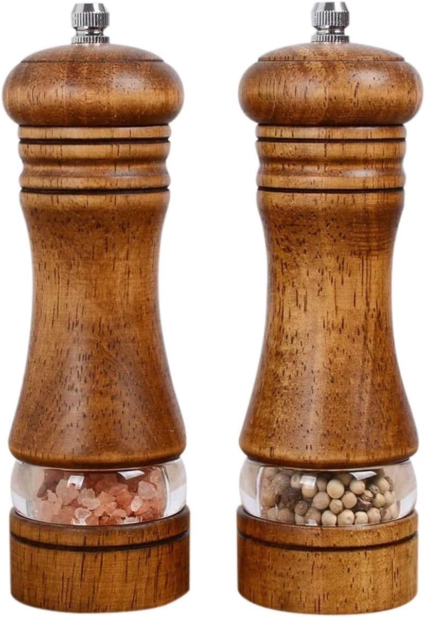 2 stuks houten zout- en pepermolenset, verstelbare grofheidsmolen met zichtbaar venster, multifunctionele kruidenmolens voor keuken