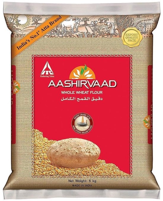 Aashirvaad Atta 5 kg (1 pak) - 100% puur tarwemeel zonder Maida Voedzaam en gezond Ondersteunt de immuniteit Zacht en luchtig Rotis Chakki Atta Natuurlijk en compleet met Kajal Sticker