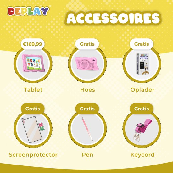 Overzicht van gratis accessoires voor de DEPLAY tablet: hoes, oplader, screenprotector, pen, keycord.