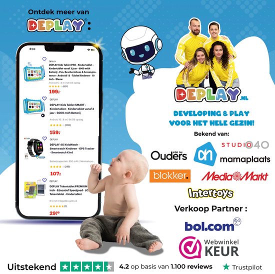 Deplay-advertentie met een baby die op de grond zit en een telefoon die producten van Deplay toont.
