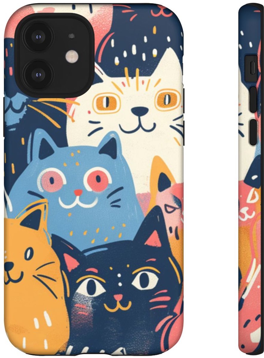 Vrolijk Kattenpatroon in Kleurrijke Illustratie – Telefoonhoesje Geschikt voor iPhone 12