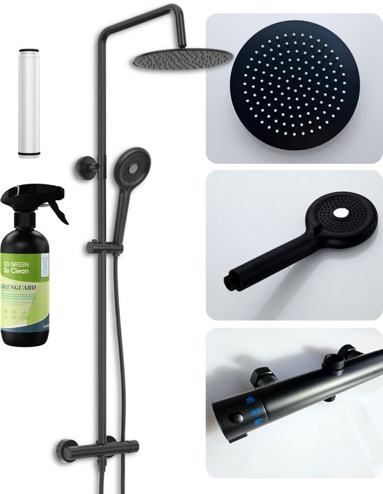 VITASENSE™ XXL Regendouche set met filter – Douchekop 6 sproeistanden – Douchekraan met Thermostaatkraan – Doucheset zwart