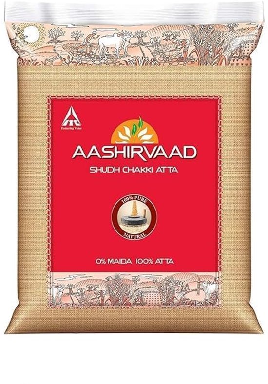 Aashirvaad Atta 10 kg (1 pak) - 100% puur tarwemeel zonder Maida Voedzaam en gezond Ondersteunt de immuniteit Zacht en luchtig Rotis Chakki Atta Natuurlijk en compleet met Kajal Sticker