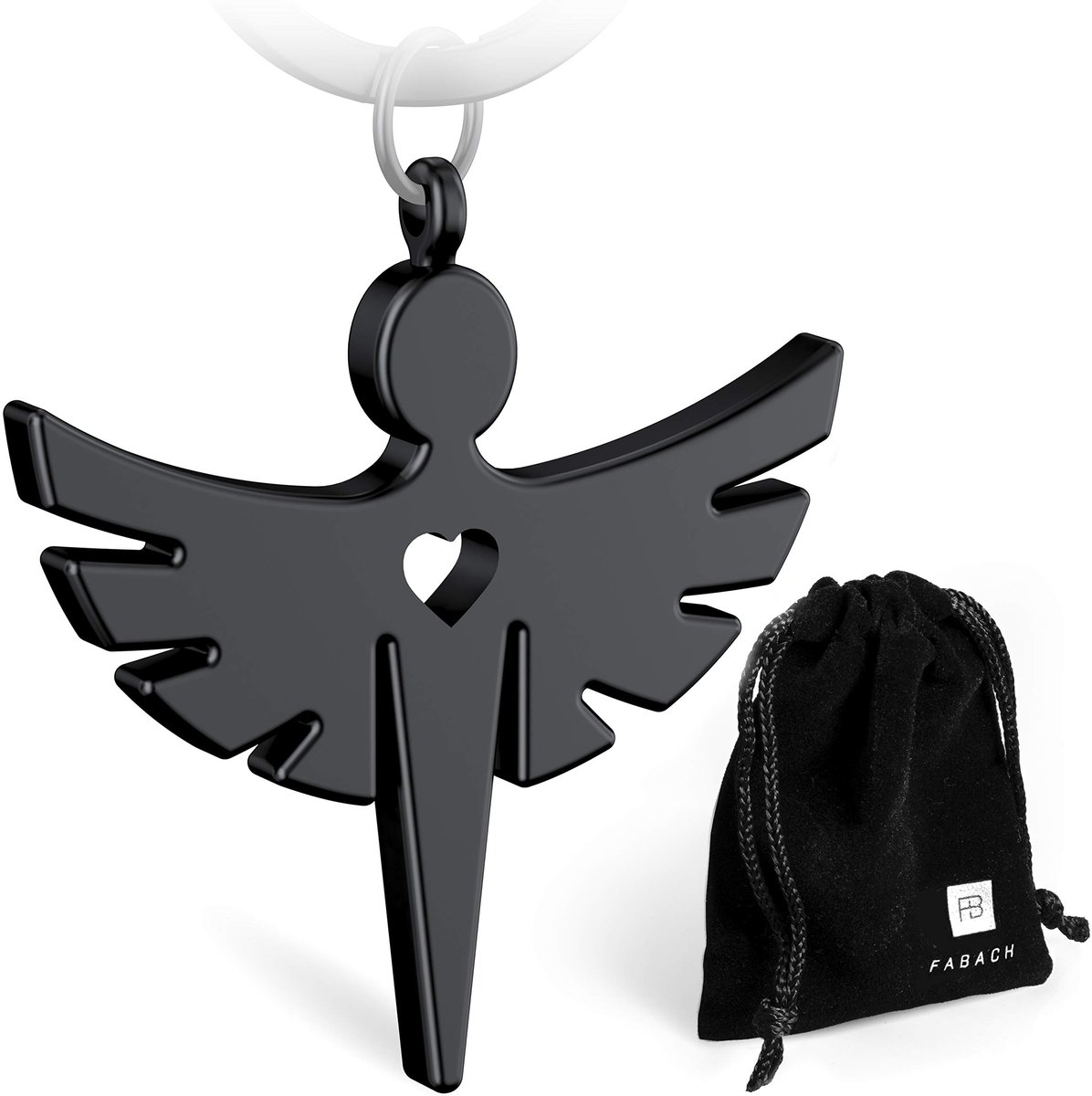 FABACH Beschermengel Fabiel Sleutelhanger met Hart - Edele Engel Hanger van Metaal in Mat Zwart - Geluksbrenger Cadeau voor Auto, Rijbewijs - Rijd Voorzichtig