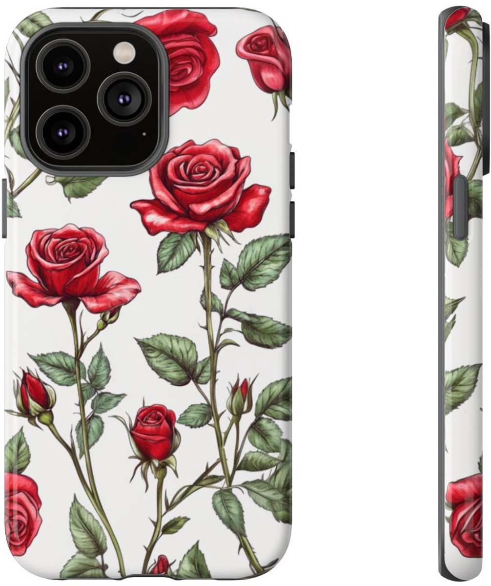 Rode Rozen Botanisch Patroon – Telefoonhoesje Geschikt voor iPhone 14 Pro Max