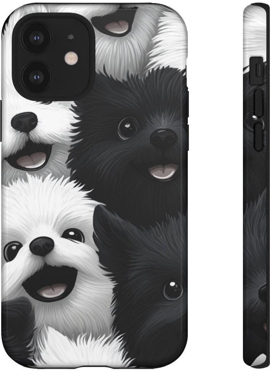 Vrolijke Zwart-Witte Hondenkopjes Patroon – Telefoonhoesje Geschikt voor iPhone 12