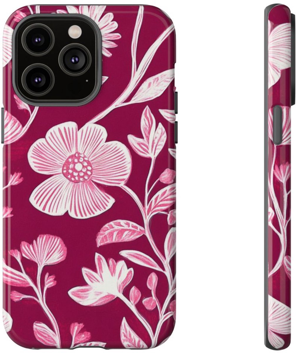 Roze en Witte Bloemenprint – Telefoonhoesje Geschikt voor iPhone 14 Pro Max