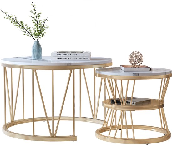 2 tables basses rondes, 70x45cm, 45x45cm, table avec plateau blanc et support de pied noir, table basse ronde intégrée dans le côté du canapé (plateau blanc + pied doré)