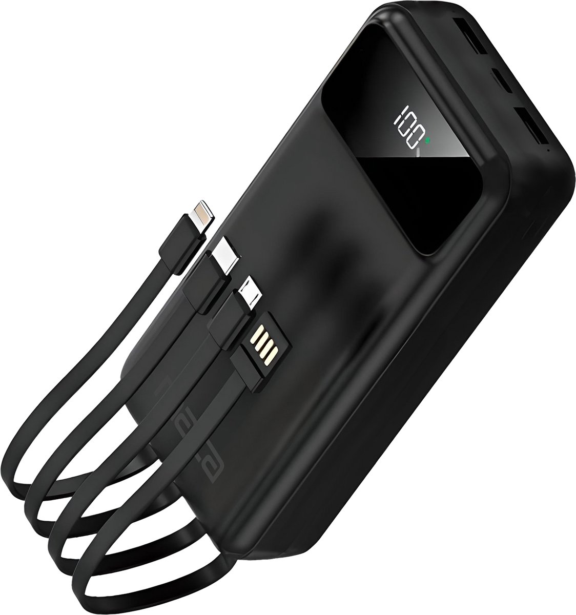 Maca Powerbank 20000 mAh - Ingebouwde Kabels - 22,5W snellader - USB A, USB C, Micro - Met Led Display - Zwart - Universele oplader - Iphone - Samsung - Apple - Noodpakket - Maca - €19,99