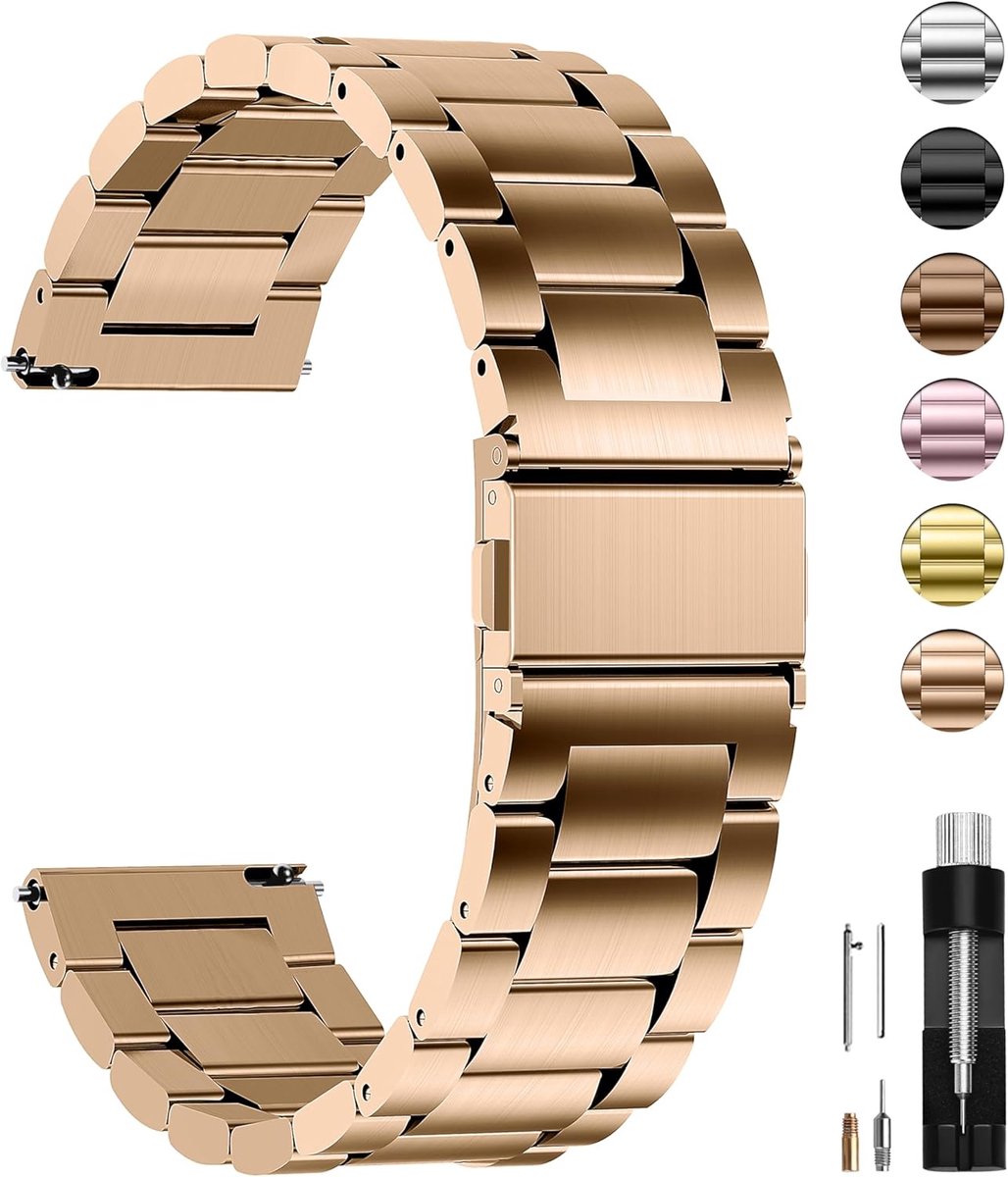 roestvrijstalen armband watch band metalen horlogebanden met snelsluiting geschikt voor dames en heren, 22mm Rose goud