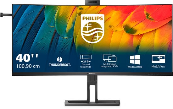 Philips 40-inch gebogen monitor met Thunderbolt 4, 2xHDMI, DisplayPort, Windows Hello en MultiView. Beeld van kleurrijke veren.