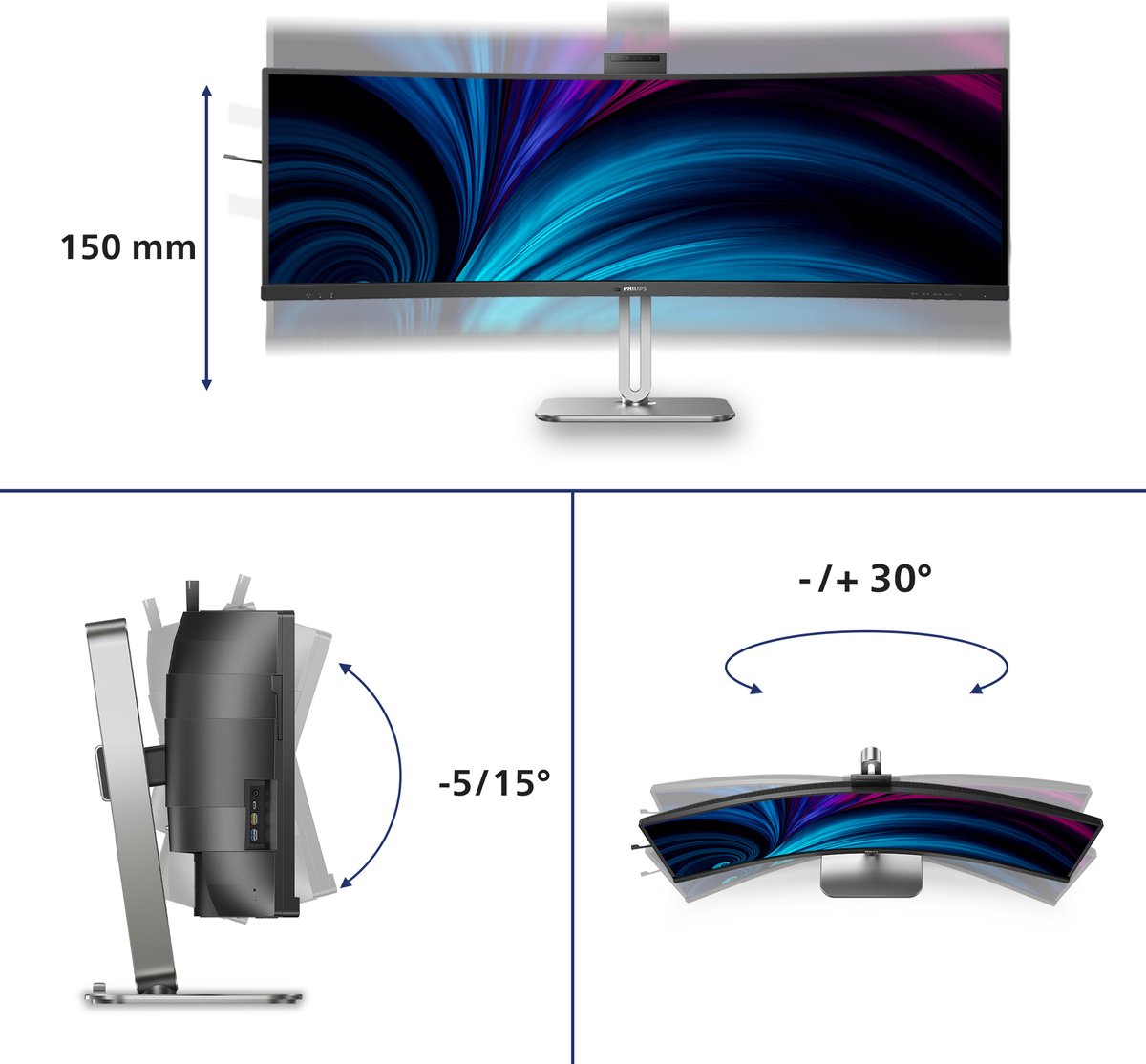 Philips 49-inch Ultrawide Curved Monitor 5120x1440 Dual QHD HDR400 USB-C 100W RJ45 Webcam KVM - Afbeelding 2