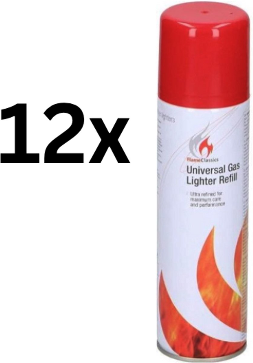Flame Classics - Aanstekergas Navulling - butaan gasfles voor het vullen van aanstekers - 12 x 250ml