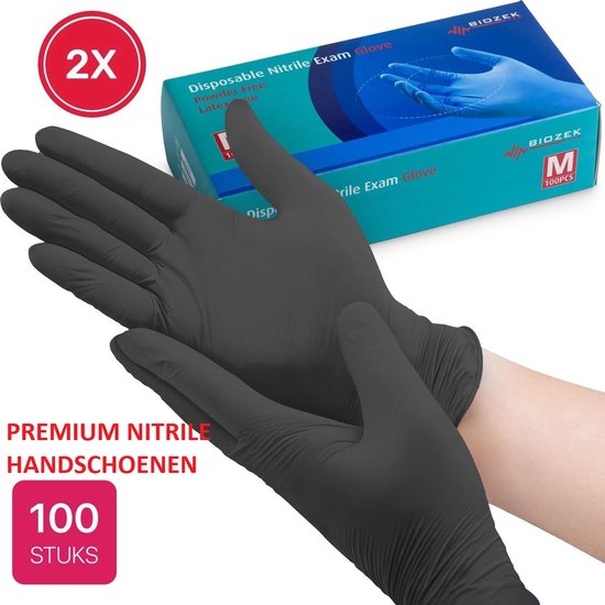 Lot de 200 Gants en Nitril de Premium , Zwart , taille M, Extra résistants, sans poudre et sans latex, Biozek