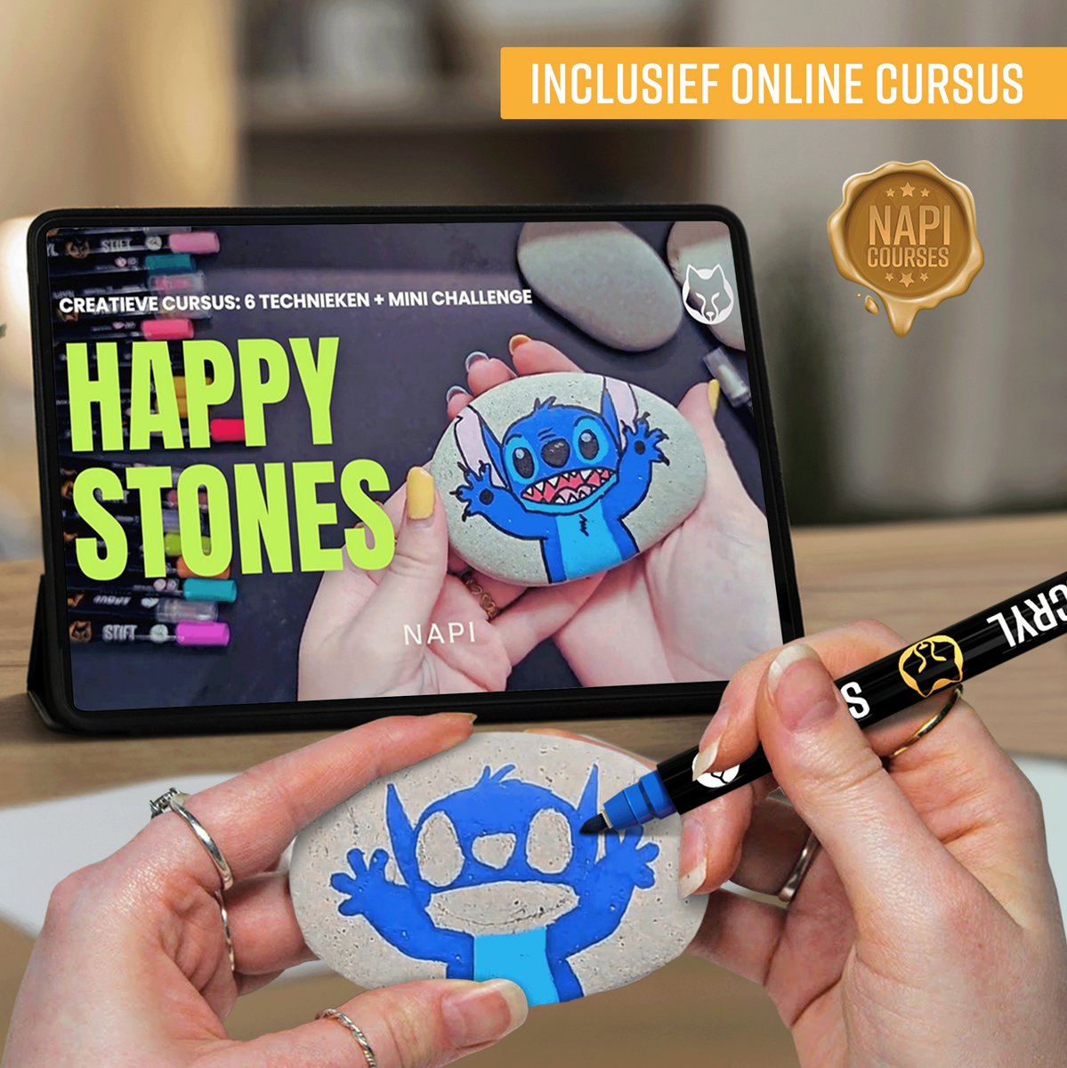 Napi Acrylstiften 12st Metallic - Brush en Fine Tip Twinmarkers - Verfstiften Happy Stones - Stenen Schilderen met Acryl Verf Marker Stiften - Volwassenen en Kinderen - Incl. 2 Mandala Sjablonen — afbeelding 3