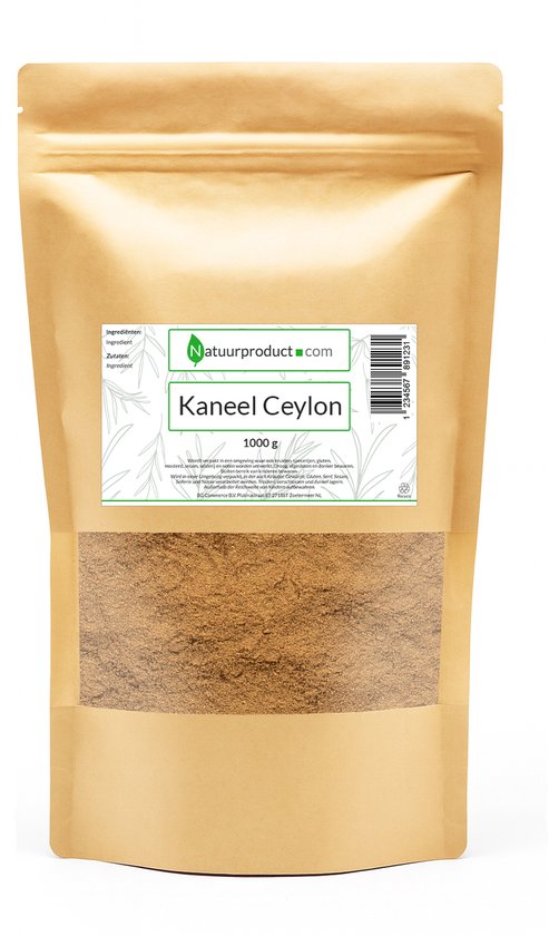 Bruine papieren zak met een groen label waarop 'Kaneel Ceylon 1000 g' staat. De zak bevat kaneelpoeder.