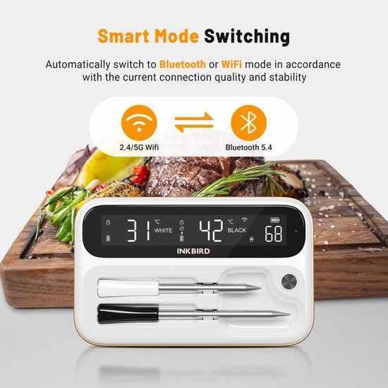 Wit thermometerapparaat met twee sensoren op een snijplank met vlees, met een weergave van WiFi en Bluetooth-verbinding.