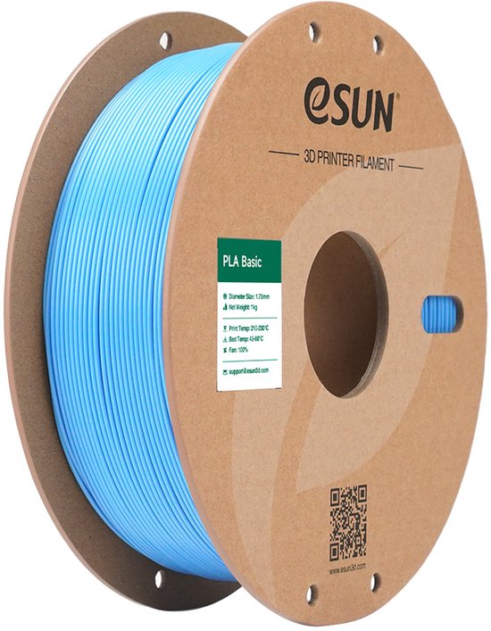 Lichtblauwe eSun PLA Basic 3D-printer filament op een kartonnen spoel. De spoel heeft een label met productinformatie.