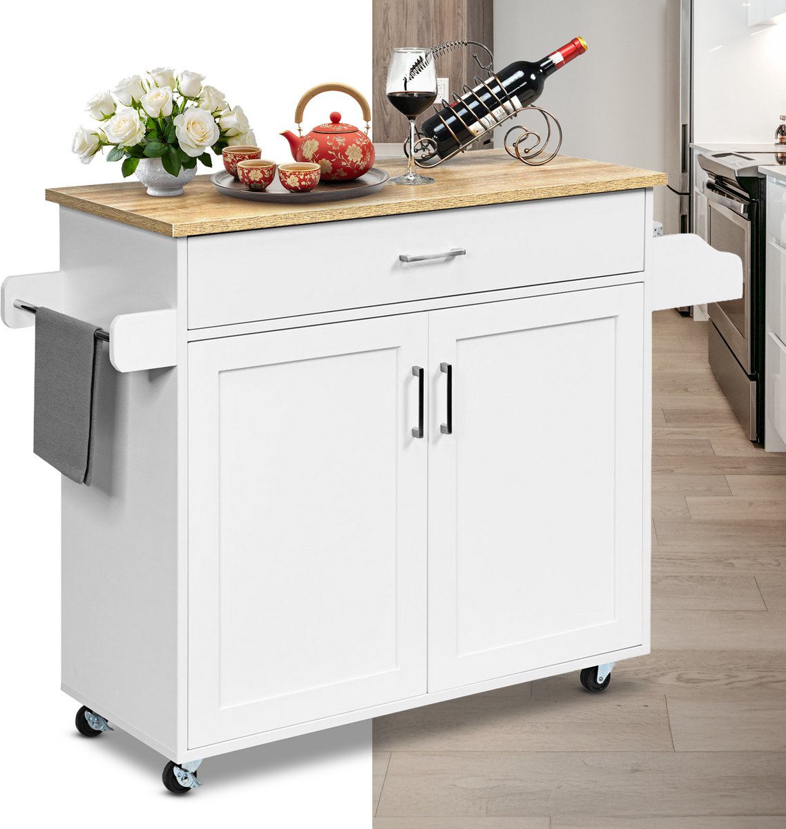 Keukeneiland - Verplaatsbaar - Keukenkast - Dressoir - Organizer - Kasten - Houten Werkblad - Lade - Wit
