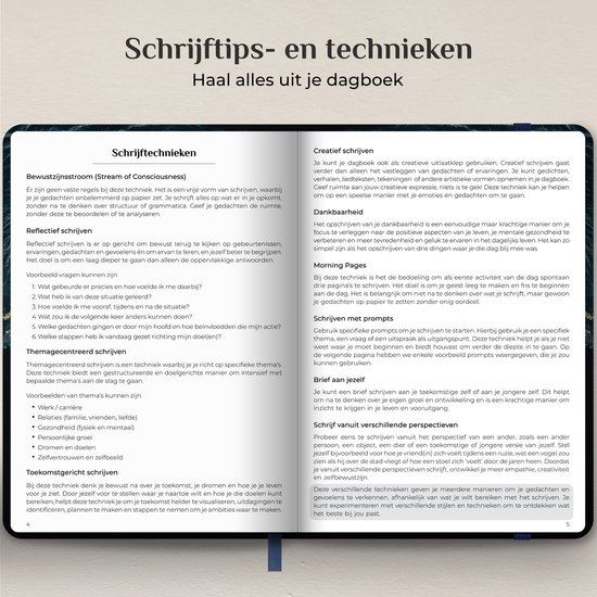 Twee pagina's met tekst over schrijftechnieken, met titels als 'Bewustzijnstroom' en 'Creatief schrijven'.