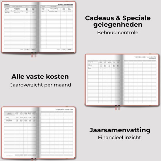 Opengeklapte budget planner met tabellen voor cadeaus, vaste kosten en jaaroverzicht.