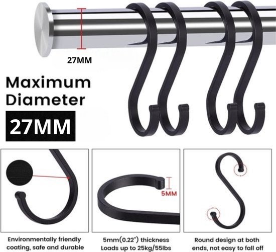 Zwarte S-haken hangen aan een stang met maximale diameter van 27 mm. Close-ups tonen milieuvriendelijke coating en dikte van 5 mm.