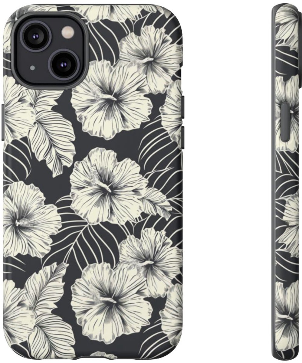 Monochroom Bloemenpatroon – Telefoonhoesje Geschikt voor iPhone 14 Plus