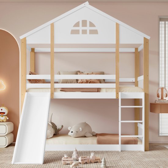 Kinderstapelbed, dak, raam, bescherming, leuning, 3-traps ladder, glijbaan, grenen MDF, wit