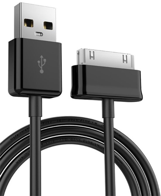 Zwarte USB-kabel met 30-pins connector, met de tekst 'Made in China'.