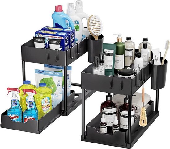 PXRACK Set van 2 organizers voor onder de gootsteen, in hoogte verstelbaar, 2 niveaus uittrekbare organizer onder de kast, uitschuiven van verdikt metaal onder de gootsteen opslag voor keuken