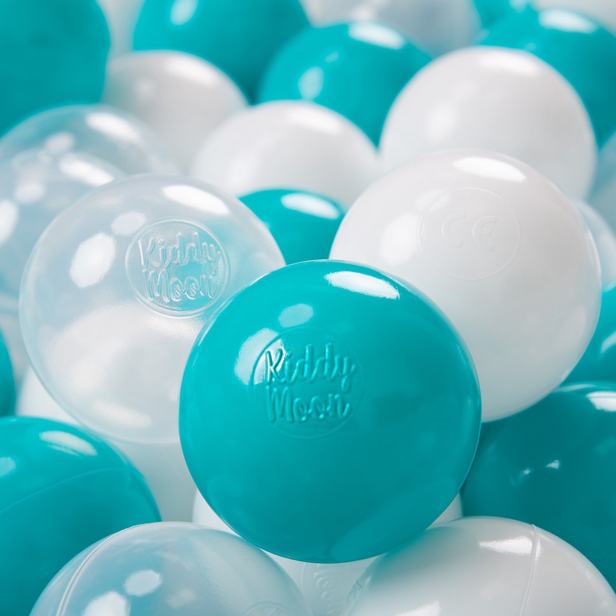 KiddyMoon 200 ∅ 7cm kinderballen speelballen voor ballenbad baby plastic ballen made in eu, turquoise/transparant/wit