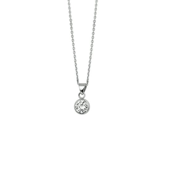 Fijne zilverkleurige ketting met een ronde zirkonia steen in een zilverkleurige zetting.