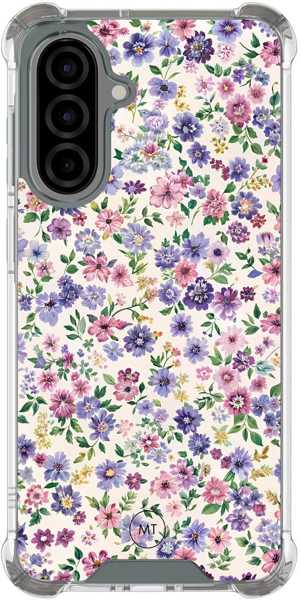 Hoesje (shockproof) geschikt voor Samsung Galaxy A56 - Paarse bloemen - Extra sterke case - TPU/polycarbonaat - Bloemen - Paars, Transparant