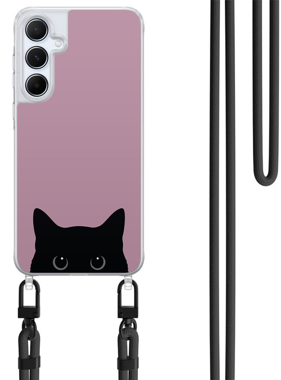 Coque de téléphone transparente avec fond rose et tête de chat noire regardant par-dessus le bord. Cordon noir inclus.