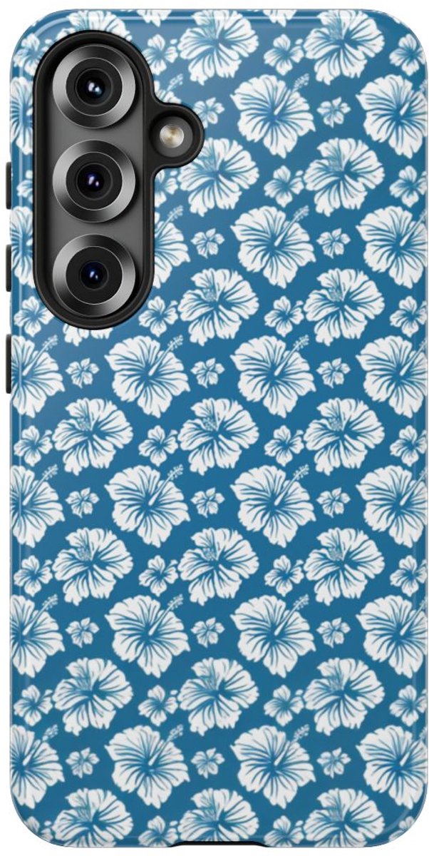 Wit Hawaïaans Bloemenpatroon op Blauw – Telefoonhoesje Geschikt voor Samsung Galaxy S25