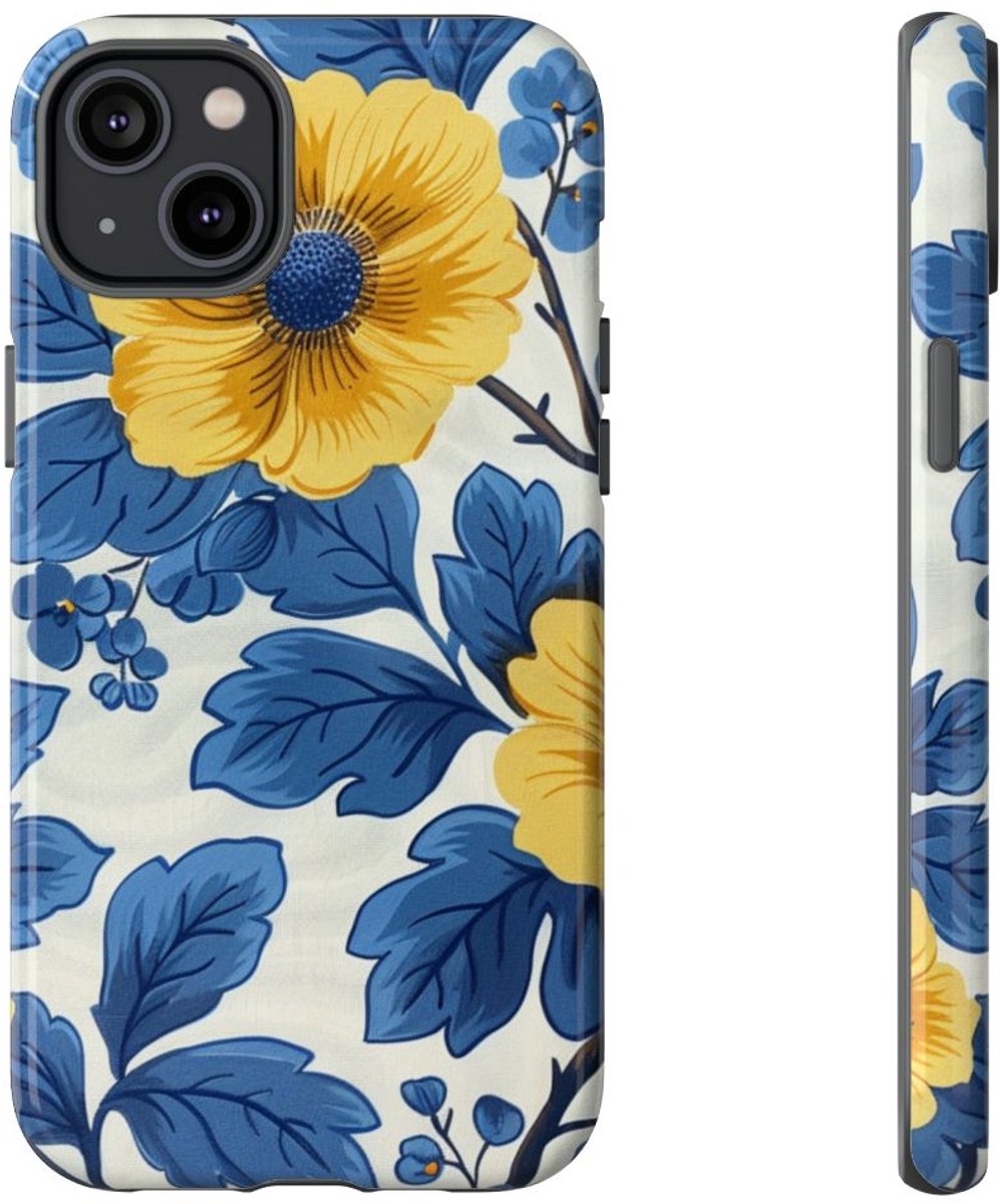 Blauw-Geel Bloemenpatroon – Telefoonhoesje Geschikt voor iPhone 14 Plus