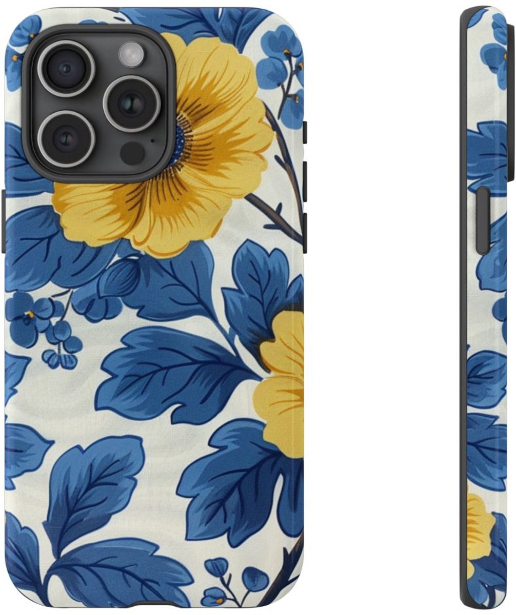 Blauw-Geel Bloemenpatroon – Telefoonhoesje Geschikt voor iPhone 15 Pro Max