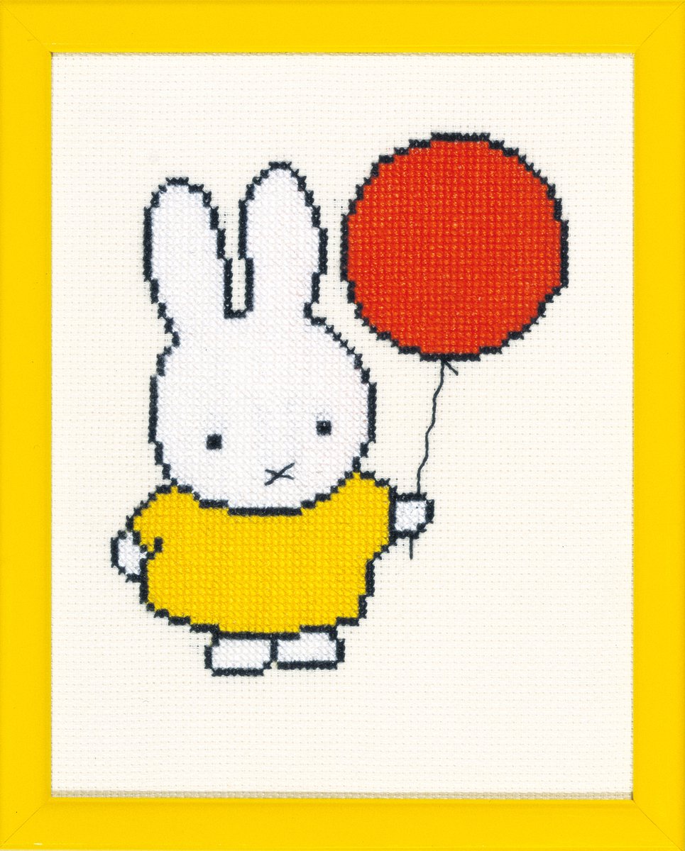 Pako Borduurpakket met telpatroon - Nijntje met ballon, Dick Bruna - 211.602 - voorgesorteerd garen -Aida - 13 x 17 cm - DIY kit