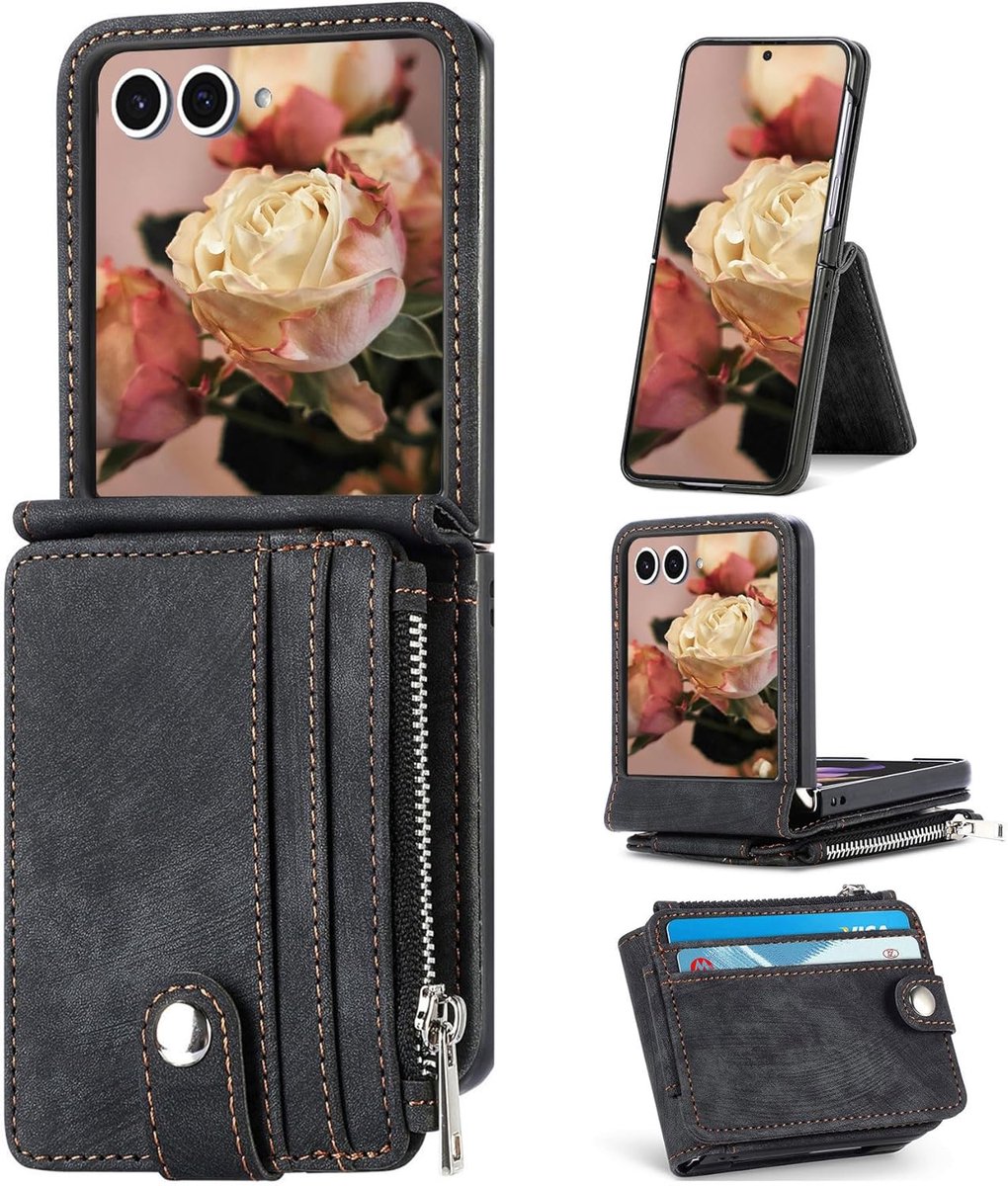 Zandarix Geschikt voor Samsung Galaxy Z Flip 7 - PU-leren - Kaartenvak - Klaphoes - Back Cover Hoesje - Zwart