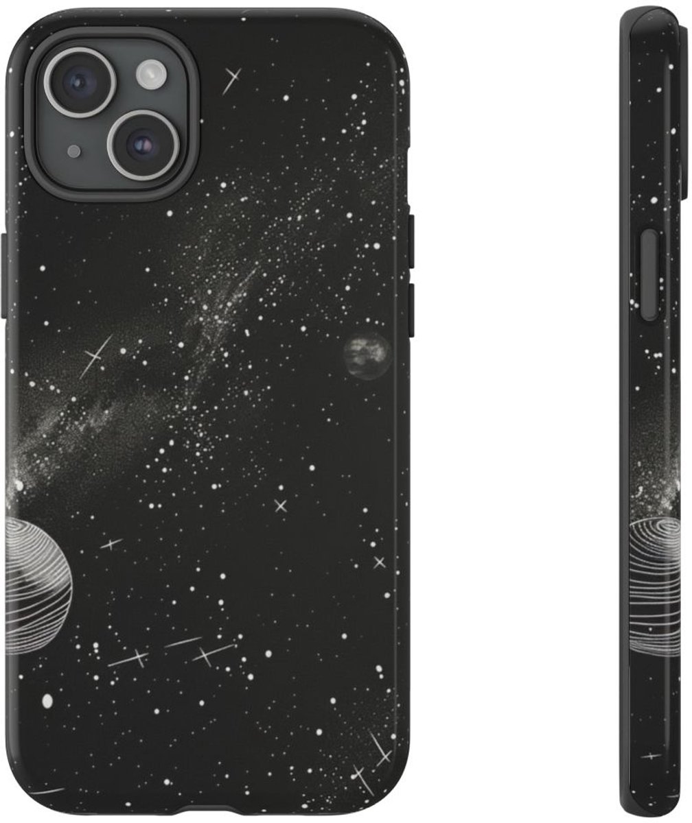 Monochrome Illustratie van het Zonnestelsel – Telefoonhoesje Geschikt voor iPhone 15 Plus