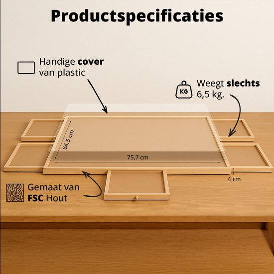 FlinQ Draaibaar Puzzelbord met Opbergsysteem - Puzzelplaat met Bescherming - 6 Lades en Sorteerbakjes voor 1000 stukjes - Puzzelmat van Hout - Puzzel tafel - Portapuzzel - 76,2x56,5x4 cm