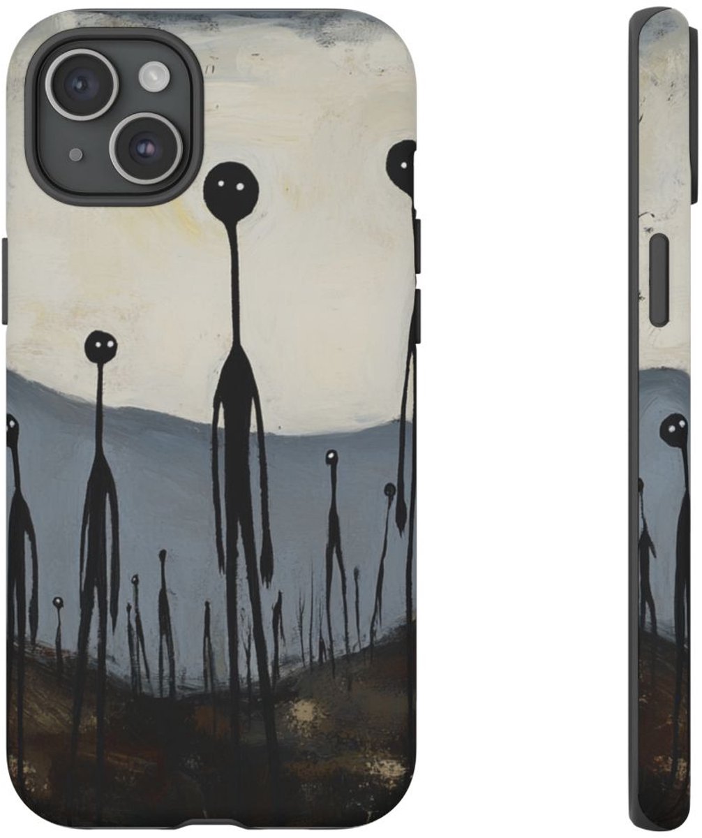 Spookachtig Stokfigurenlandschap – Telefoonhoesje Geschikt voor iPhone 15 Plus