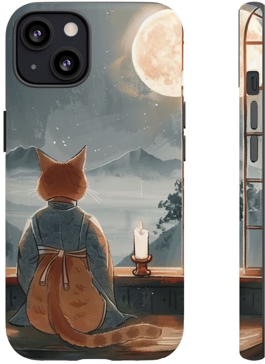 Oranje Kat in Traditioneel Gewaad bij Maanlicht – Telefoonhoesje Geschikt voor iPhone 13