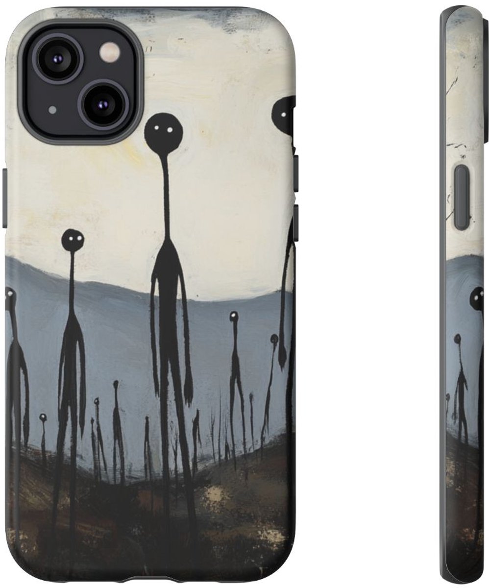 Spookachtige Stokfiguren in Landschap – Telefoonhoesje Geschikt voor iPhone 14 Plus